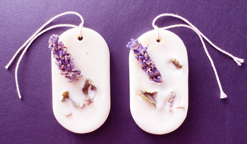 AO-AO - Hanging Wax Botanical Palette Freshener - Lavender, Lemon & Nutmeg (Scent) / Natural Colour / Long Oval
